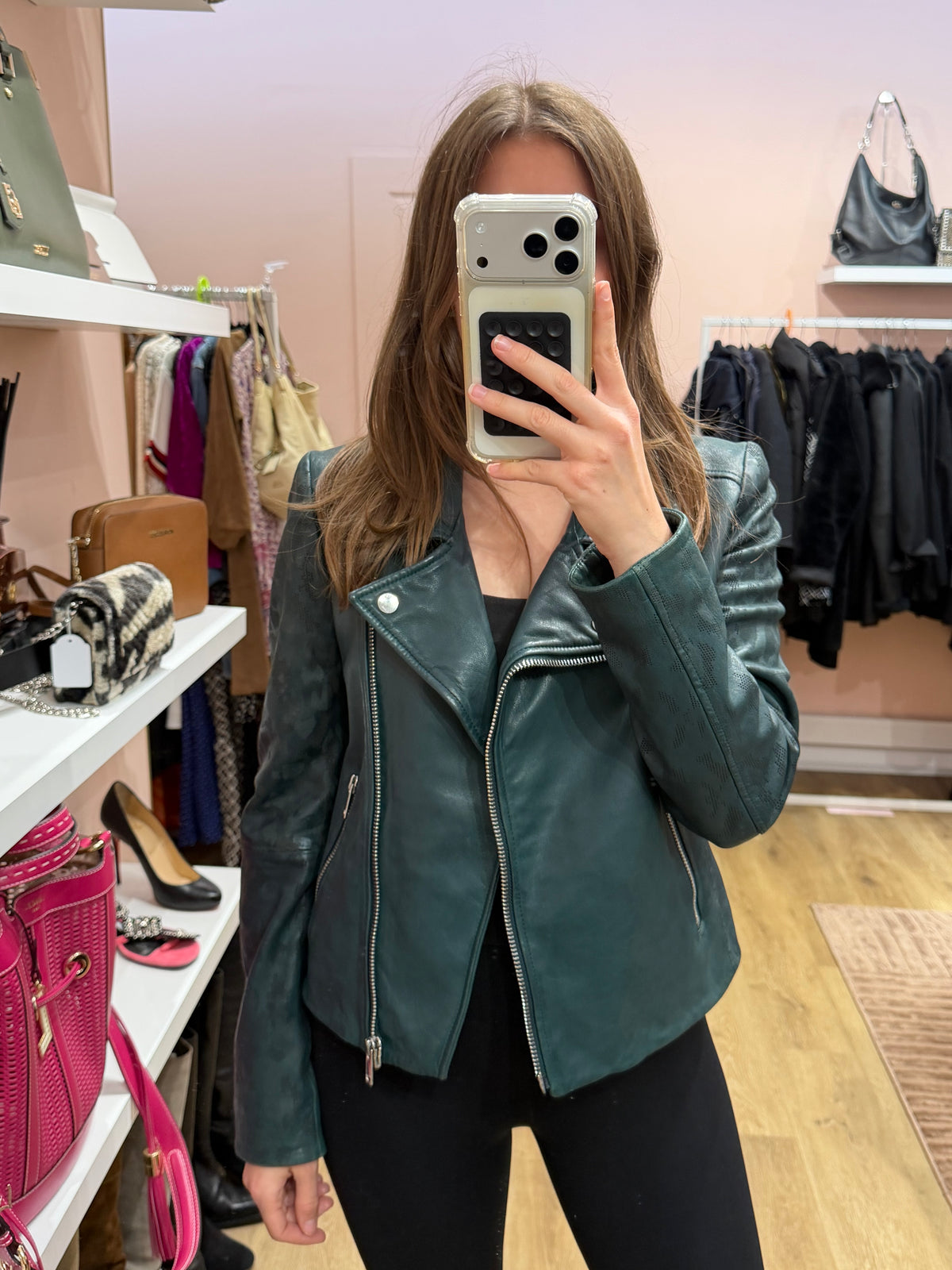 Veste en cuir IKKS verte T.38 28/10